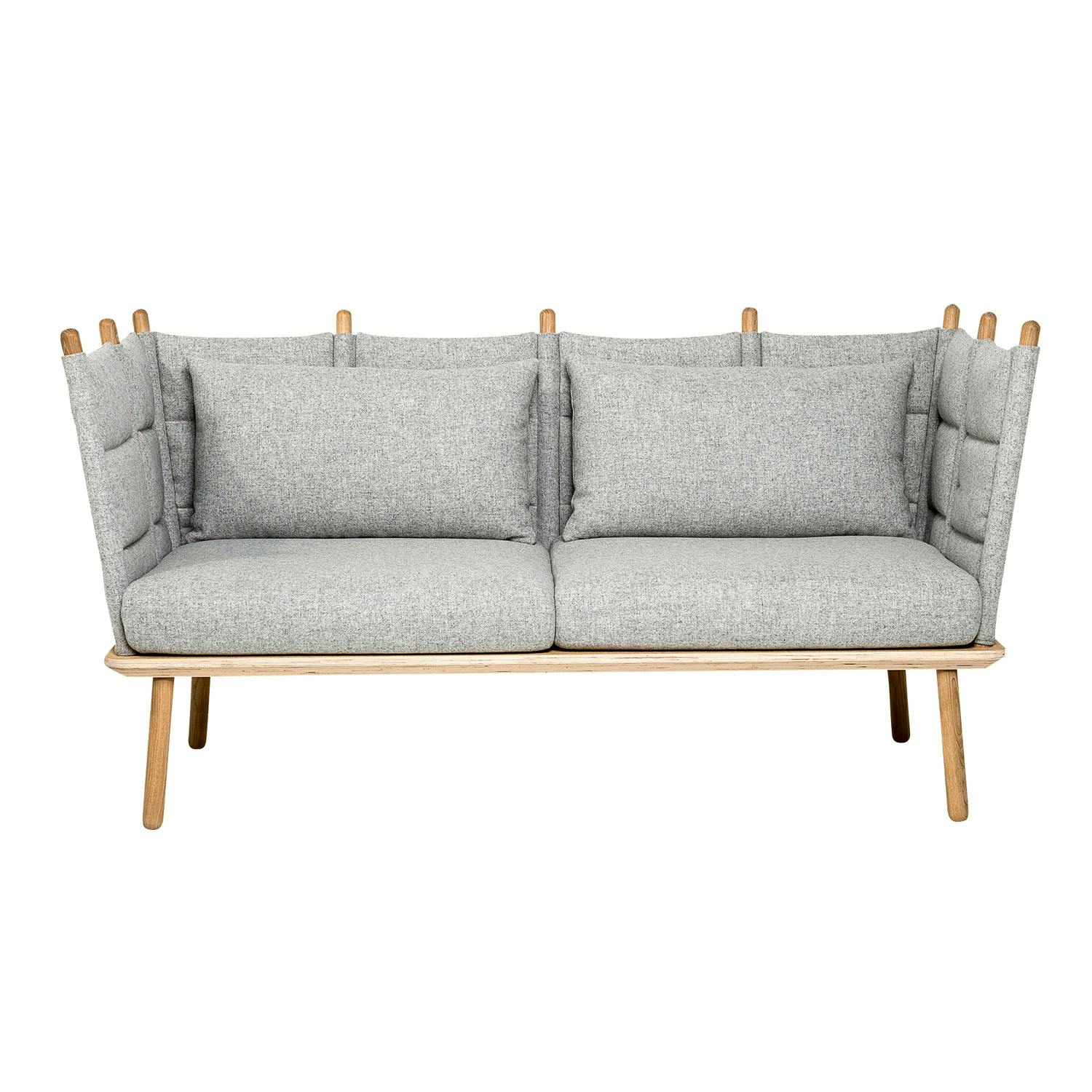 Høye kanter Grå sofa med trebein og ullstoff, høye armlener